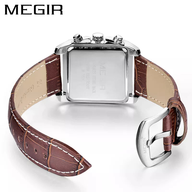 MEGIR Original Watch Men Top Brand Luxury Rectangle Quartz Military Watches Waterproof Luminous Leather Wristwatch Men Clock