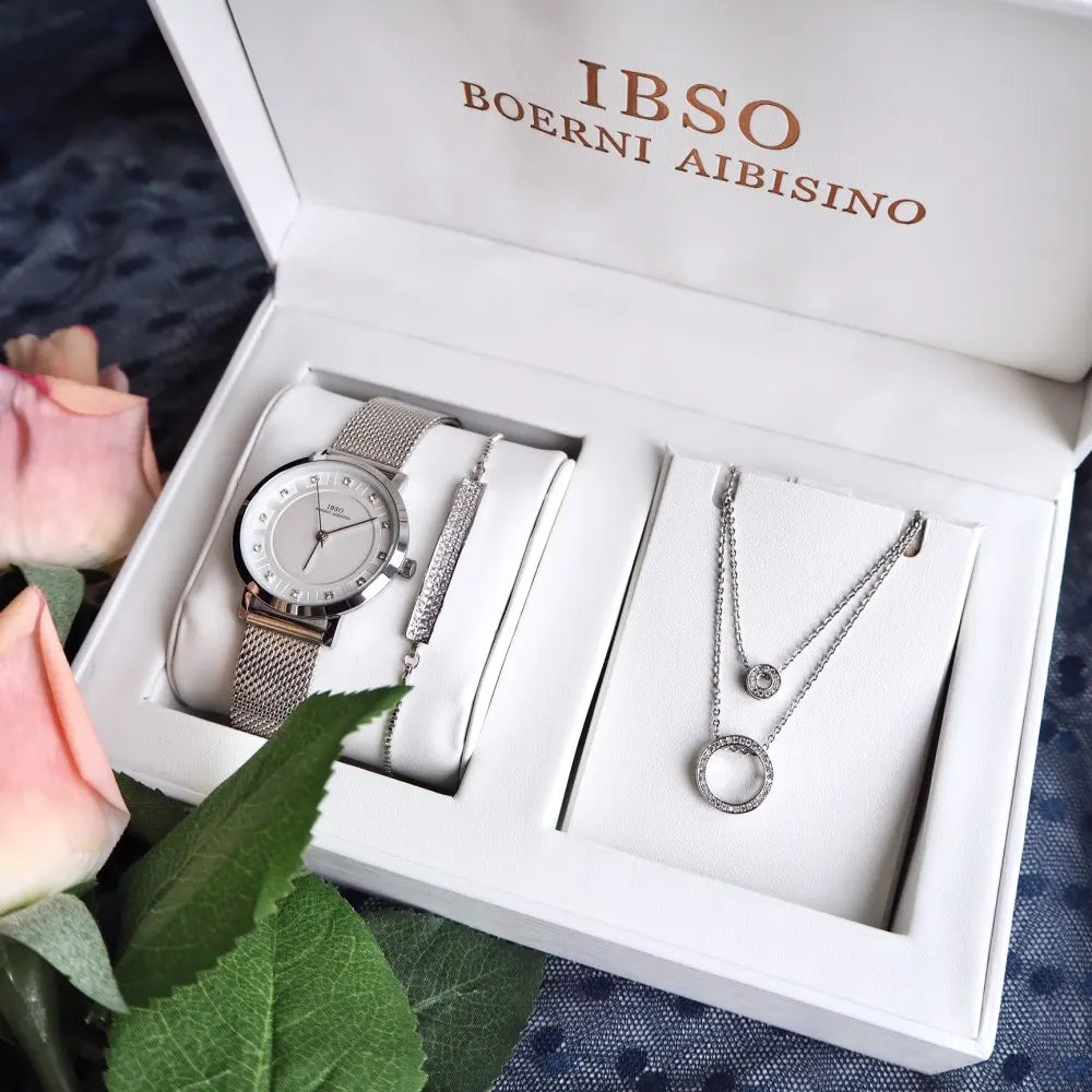 IBSO 2022 Women's Quartz Watch Set Crystal Bracelet Necklace Watch Sets Female Jewelry Set Silver Set Watch Valentine's Day Gift