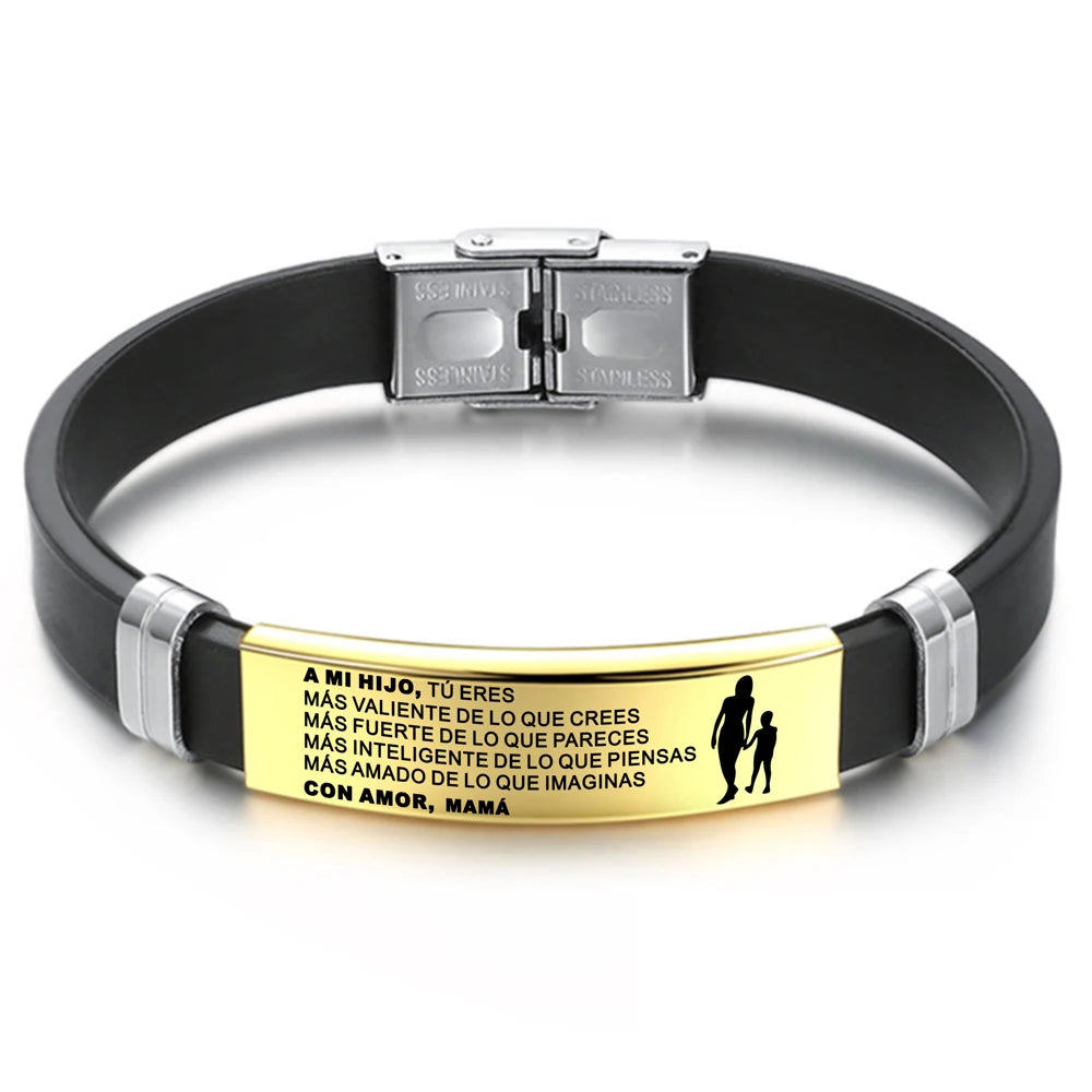 Español Spanish To My Son Hijo From Mom Mamá Hand-Woven Retro Bracelet Laser Leather Stainless Steel Bracelets Brazalete