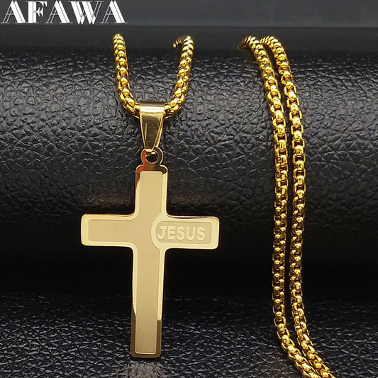 Stainless Steel Long JESUS CROSS Necklaces for Men Jewelry Gold Color Chain Necklaces Jewelry corrente masculina N1174S02