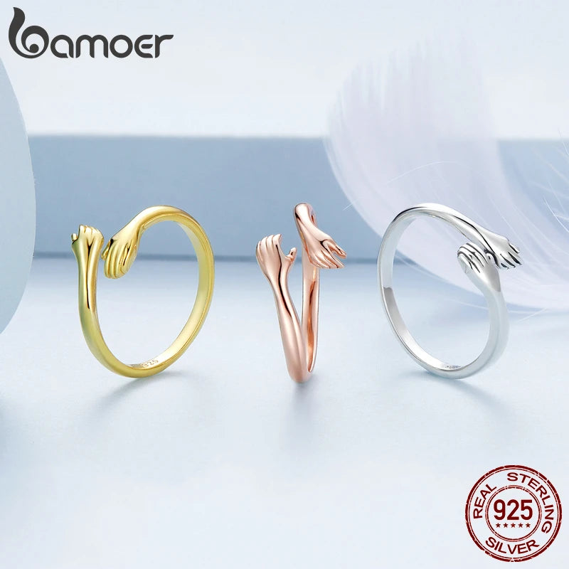 Bamoer 925 Sterling Silver Embrace Ring Hug Warmth and Love Women 18 K Metal Texture Gold Adjustable Ring