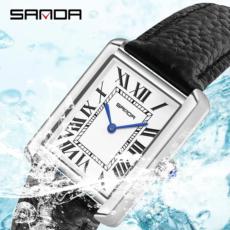 SANDA Couple Watch 30M Waterproof Casual Fashion Women Men Quartz Watches Wear Resistant Leather Strap Square Dial Design Reloj