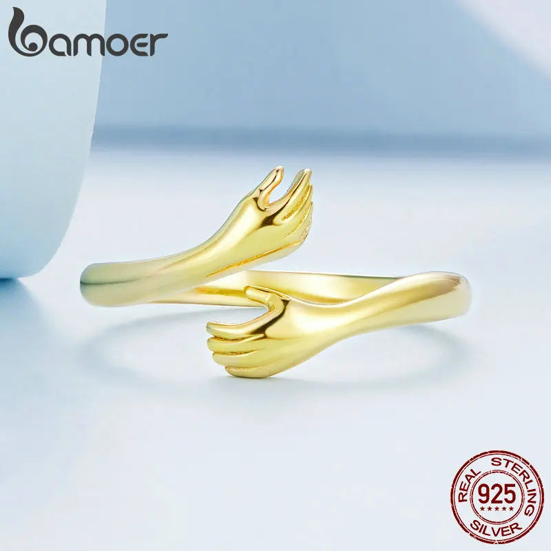 Bamoer 925 Sterling Silver Embrace Ring Hug Warmth and Love Women 18 K Metal Texture Gold Adjustable Ring