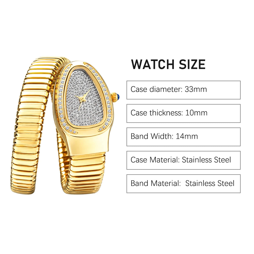 MISSFOX Fashion Snake Watch For Women Gold Diamond Stainelss Steel Ladies Quartz Wristwatch Luxury Exquisite Waterproof Watches