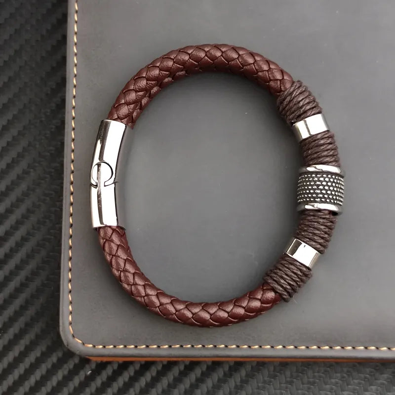 Luxury Vintage Multilayer Brown Genuine Leather Men Bracelet Stone Bead Bracelet Stainless Steel Jewelry Male Wrist Bangle Gift