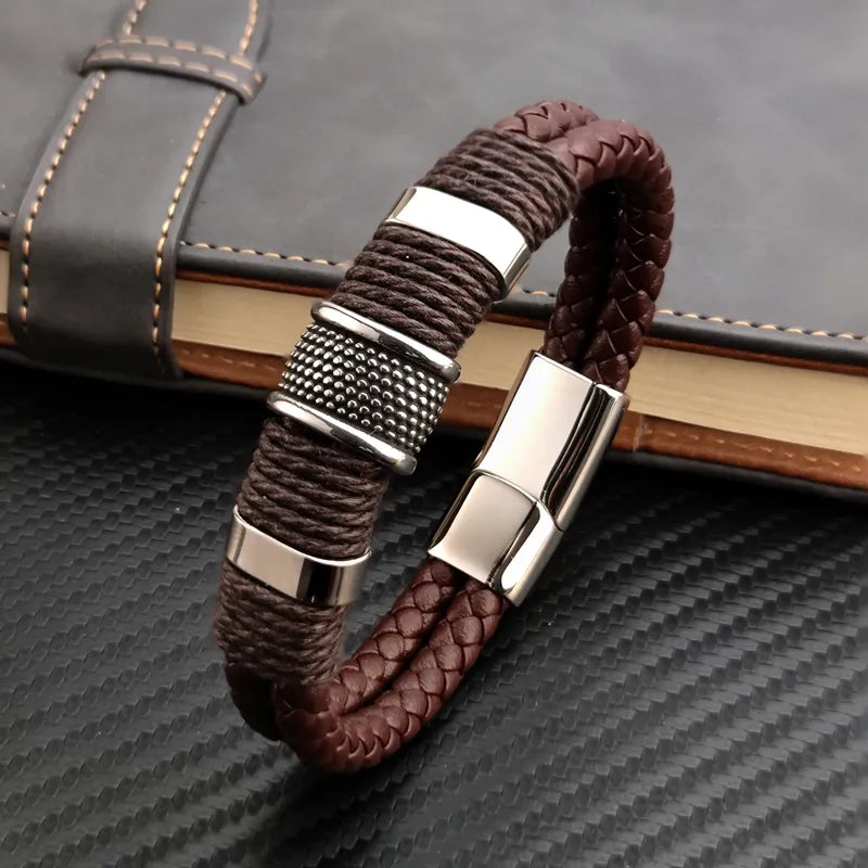 Luxury Vintage Multilayer Brown Genuine Leather Men Bracelet Stone Bead Bracelet Stainless Steel Jewelry Male Wrist Bangle Gift