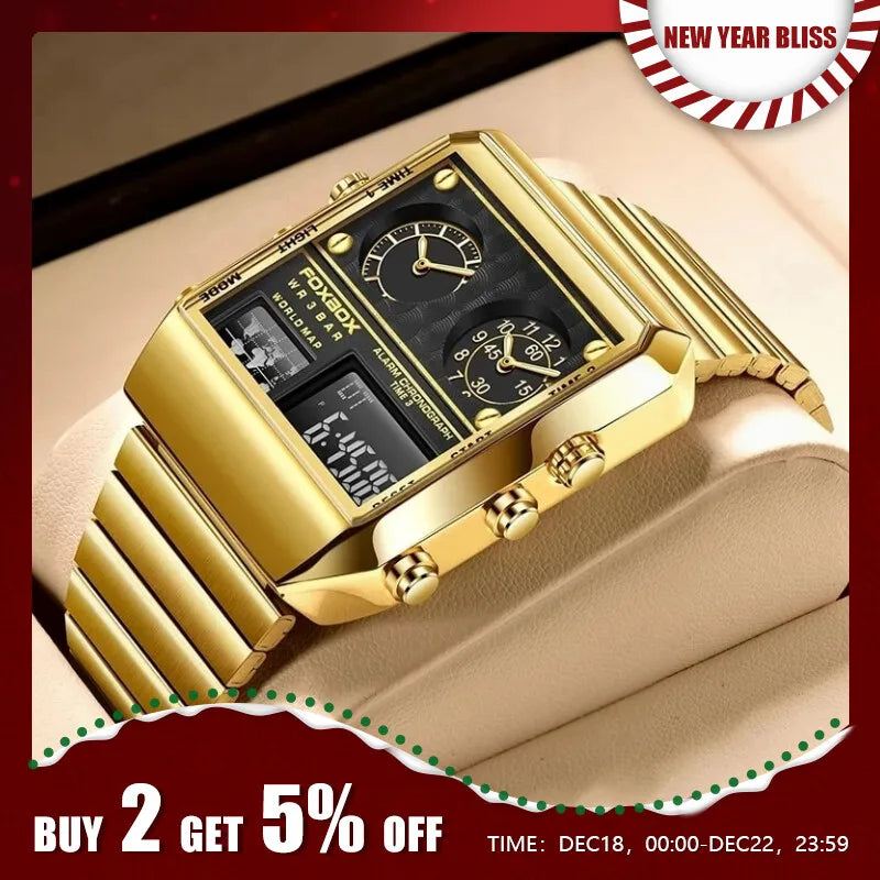 FOXBOX New Creative Square Watch Men Top Brand Luxury Digital Watch Fashion Dual Display Watches For Men Relogio Masculino+BOX