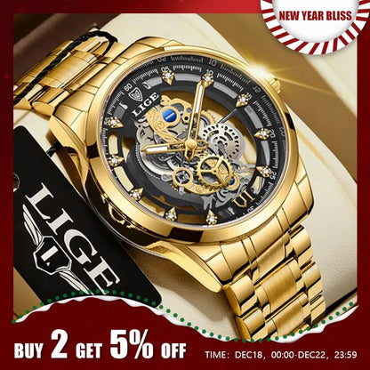 LIGE New Men Watch Skeleton Quartz Wristwatch Gold Skeleton Retro Man Watch Top Brand Luxury Clock Mens Watches Reloj Hombre