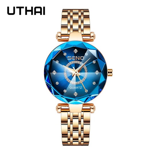 UTHAI H65 Women's Watch Multi angle Gradient Color Glass Diamond Faced 30m Waterproof Clock Quartz Wristwatch Fashion Accessorie