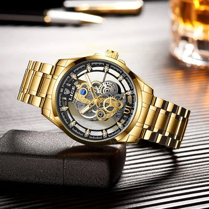 LIGE New Men Watch Skeleton Quartz Wristwatch Gold Skeleton Retro Man Watch Top Brand Luxury Clock Mens Watches Reloj Hombre