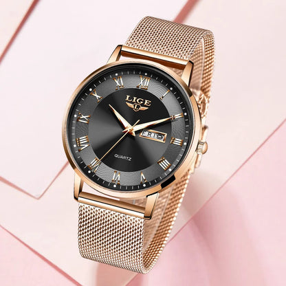 LIGE Women Watch Bracelet Quartz Clock Movement Simple Waterproof Rose Gold Stainless Steel Mesh Ladies Watches Relogio Feminino