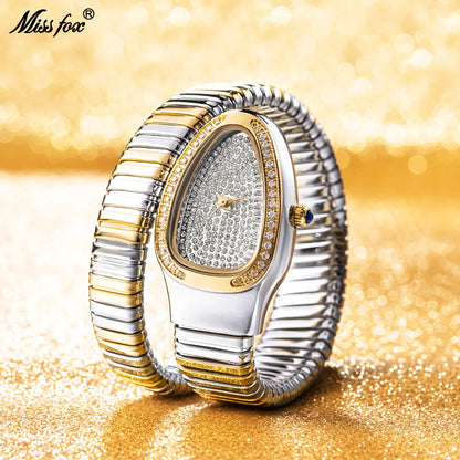 MISSFOX Fashion Snake Watch For Women Gold Diamond Stainelss Steel Ladies Quartz Wristwatch Luxury Exquisite Waterproof Watches