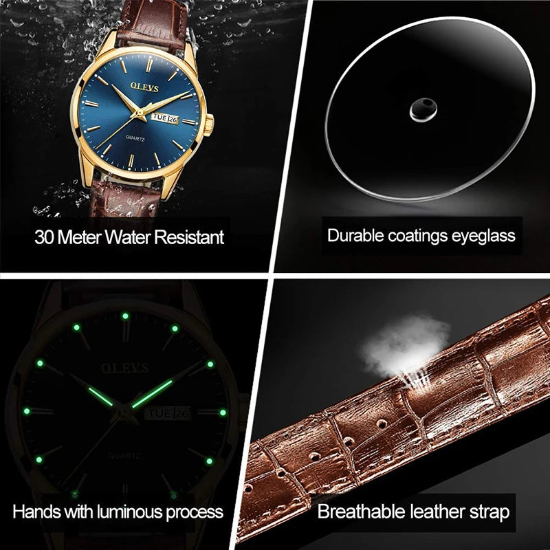 OLEVS Mens Quartz Watches Brand Luxury Casual Fashion Men's Watch For Gifts Breathable leather Waterproof luminous Wristwatch