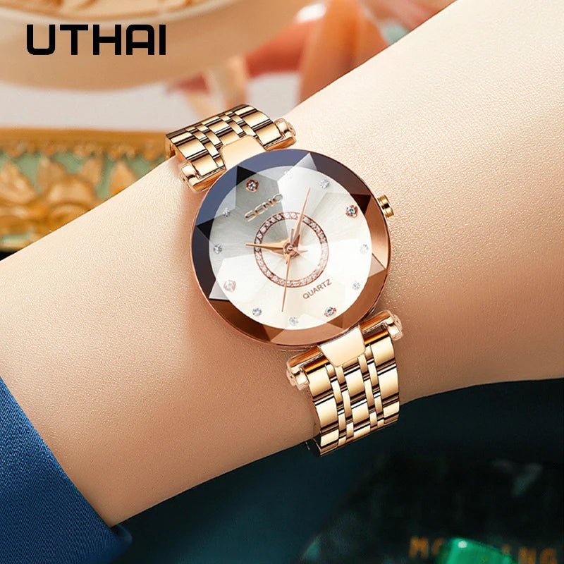 UTHAI H65 Women's Watch Multi angle Gradient Color Glass Diamond Faced 30m Waterproof Clock Quartz Wristwatch Fashion Accessorie