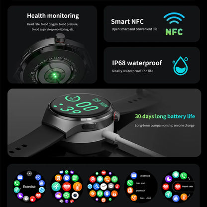 New GPS Smart Watch Men For Huawei GT4 Pro 360*360 HD Screen Heart rate Bluetooth Call NFC IP68Waterproof Blood Sugar Smartwatch