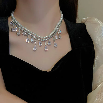 Luxury Rhinestone Crystal Chokers Necklaces For Women Multilayer Imitation Pearl Chain Necklace For Party Wedding Jewelry