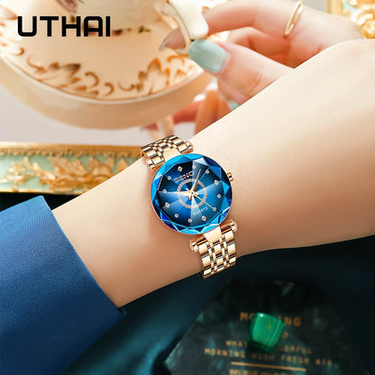 UTHAI H65 Women's Watch Multi angle Gradient Color Glass Diamond Faced 30m Waterproof Clock Quartz Wristwatch Fashion Accessorie