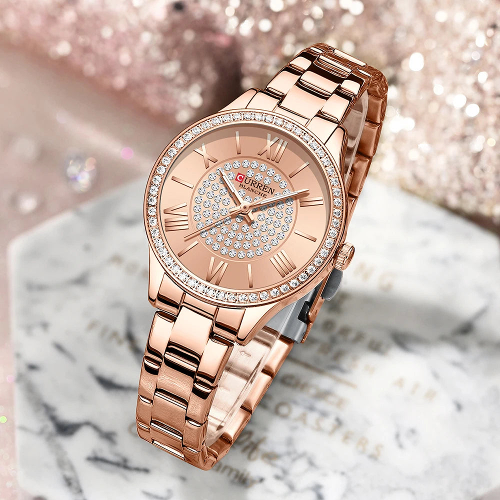 CURREN Luxury Rhinestones Rose Dial Fashion Watches with Stainless Steel Band New Quartz Wristwatches for Women