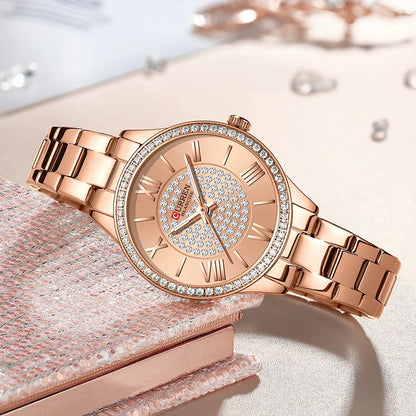 CURREN Luxury Rhinestones Rose Dial Fashion Watches with Stainless Steel Band New Quartz Wristwatches for Women