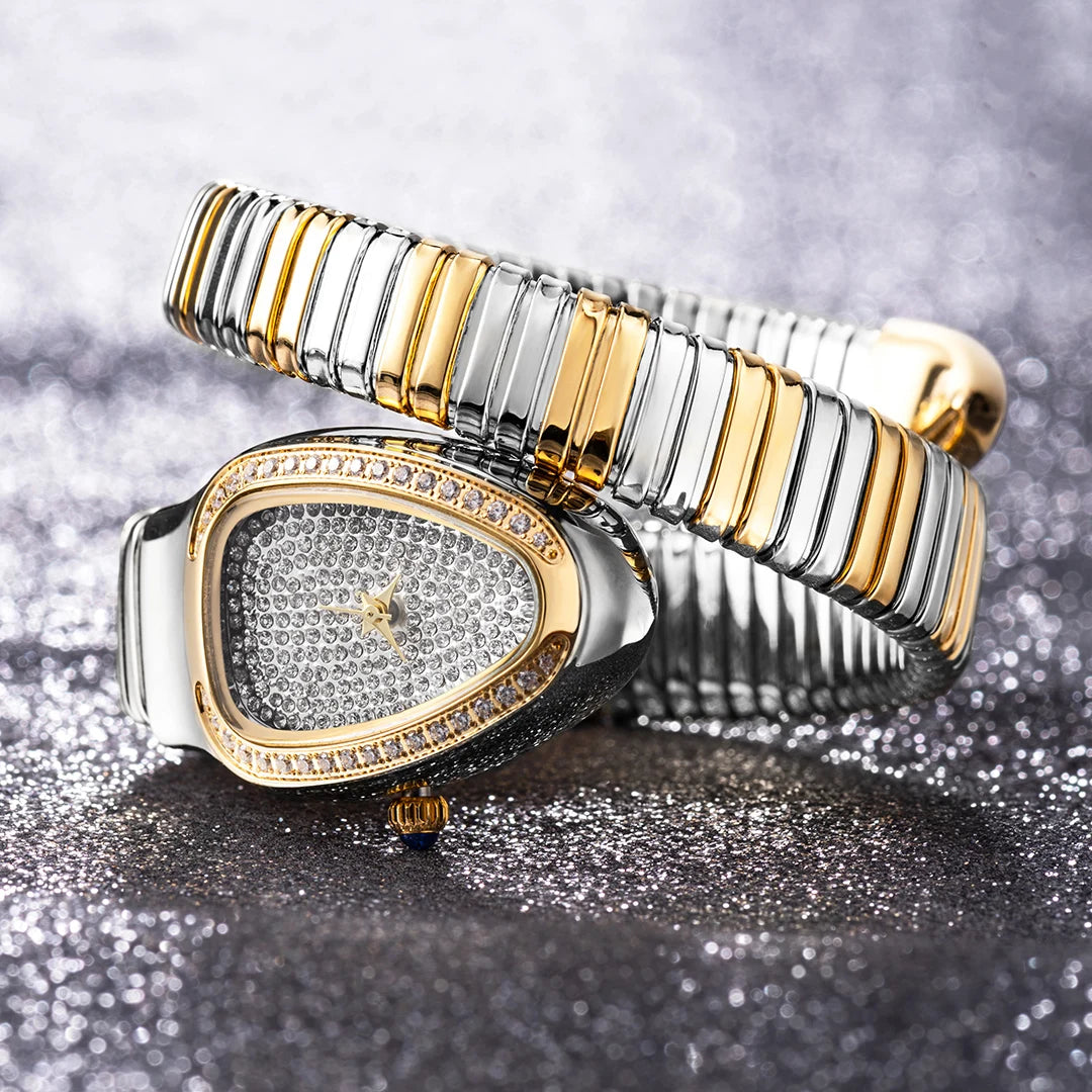 MISSFOX Fashion Snake Watch For Women Gold Diamond Stainelss Steel Ladies Quartz Wristwatch Luxury Exquisite Waterproof Watches