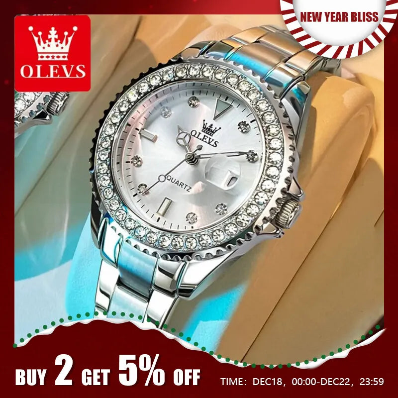 OLEVS Original Diamond Dial Quartz Watch for Women Fashion Elegant Ladies Watches Stainless Steel Waterproof Women's Wristwatch