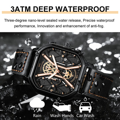 POEDAGAR Fashion Men Wristwatches Luxury Chronograph Luminous Waterproof Date Man Watch Square Dial Leather Quartz Men's Watches