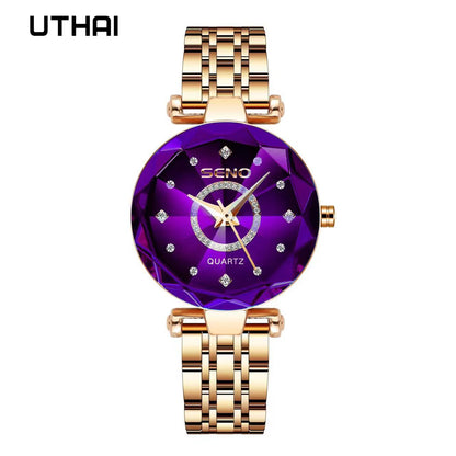 UTHAI H65 Women's Watch Multi angle Gradient Color Glass Diamond Faced 30m Waterproof Clock Quartz Wristwatch Fashion Accessorie