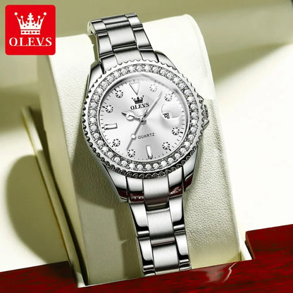 OLEVS Original Diamond Dial Quartz Watch for Women Fashion Elegant Ladies Watches Stainless Steel Waterproof Women's Wristwatch